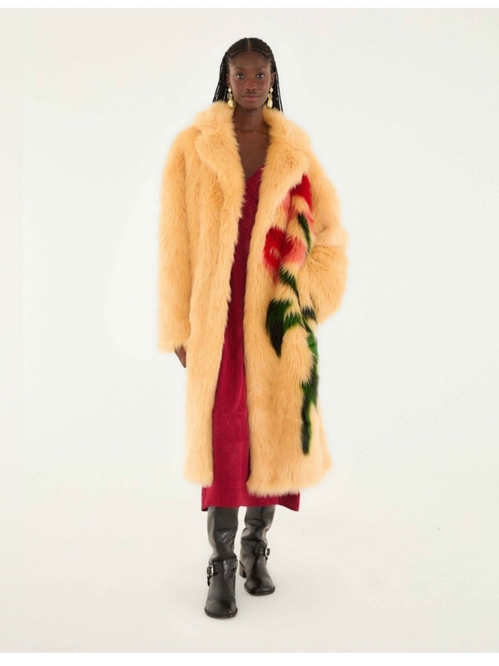 Farm Rio Cream Flowers Faux Fur Coat